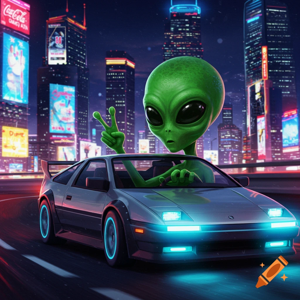 Green alien driving a futuristic car in a neon lit city making a peace sign