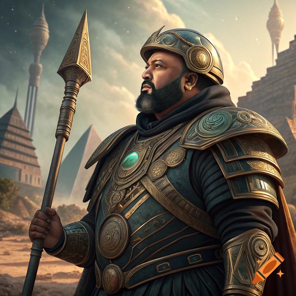A man in elaborate golden and teal Jaffa armor holds a spear in a desert with pyramids and towers.