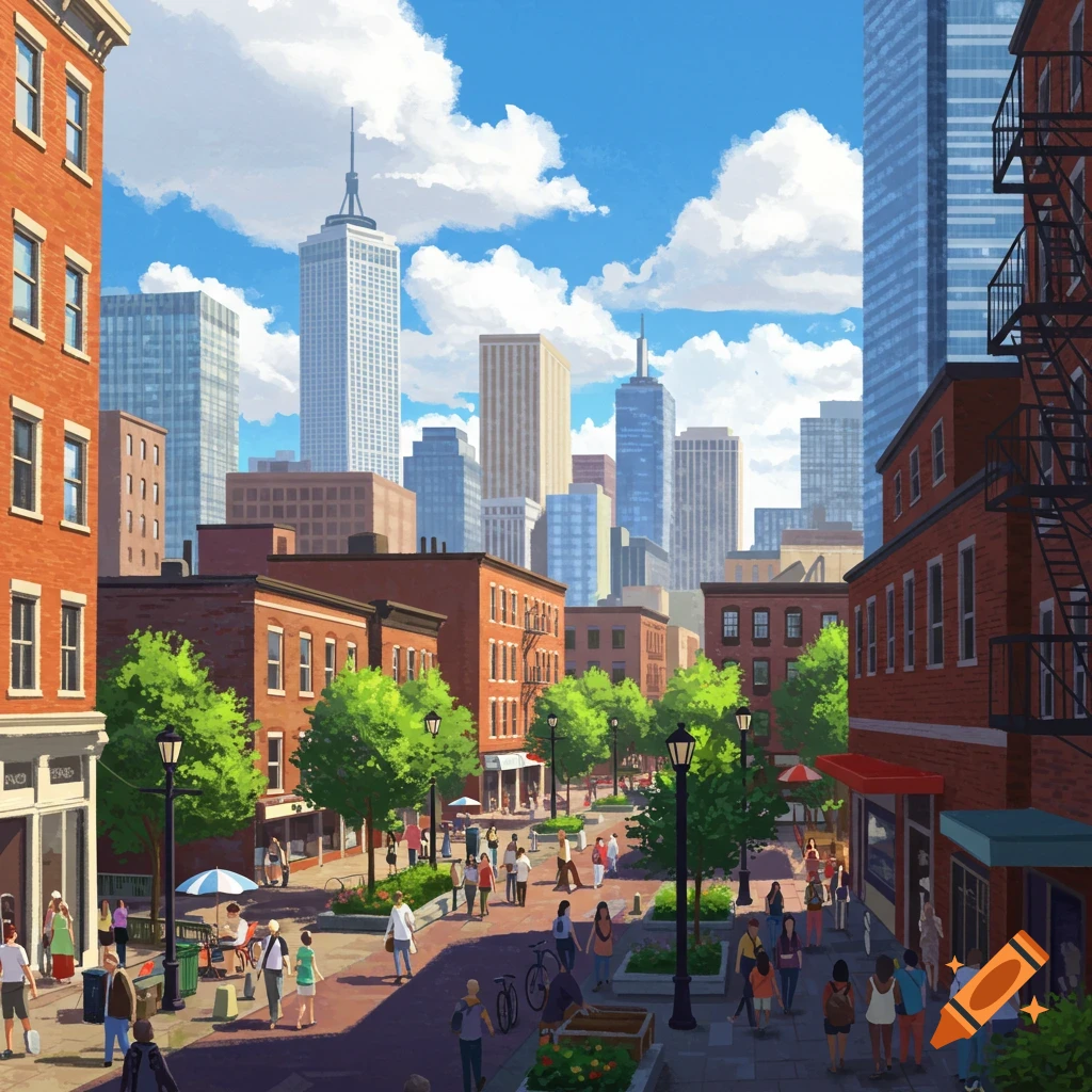 A sunny city street with people walking, red brick buildings, trees, and tall skyscrapers in the background.