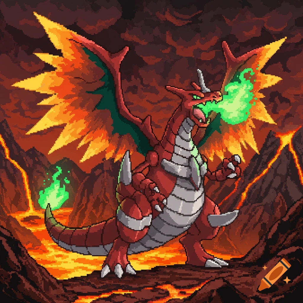 Pixel art of a red dragon breathing green fire in a volcanic landscape.