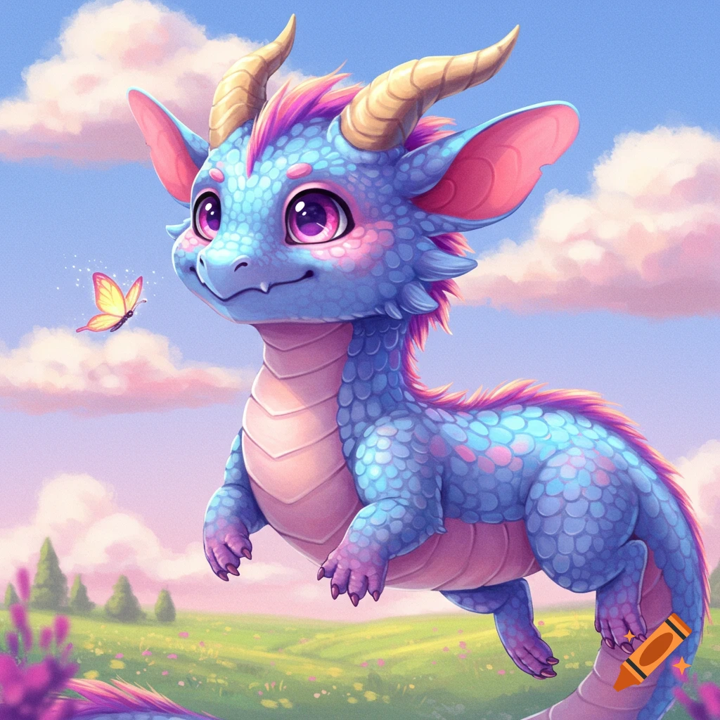 Cute blue and purple dragon floating in a field with a butterfly
