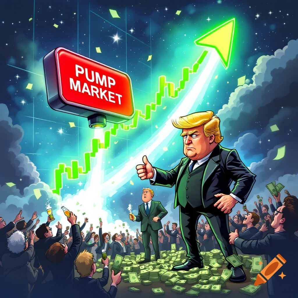 Cartoon of Donald Trump standing on money giving a thumbs up with a stock chart soaring and a crowd celebrating a pump market sign.