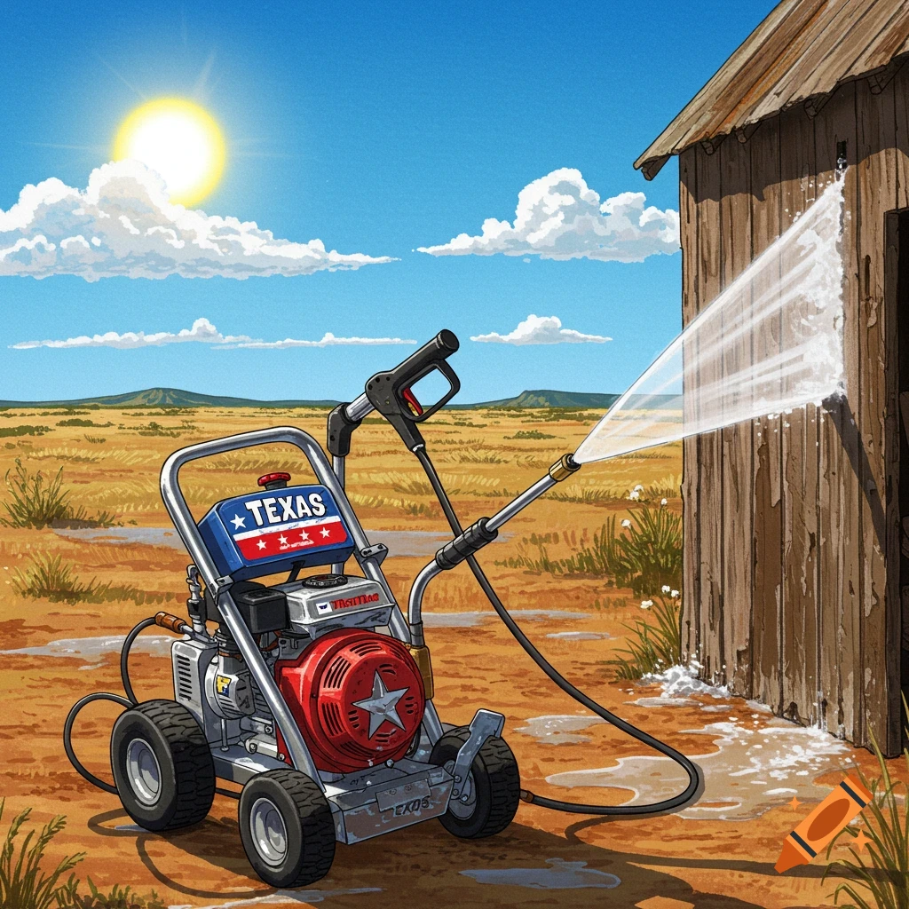 A Texas pressure washer spraying water on a building in a sunny field.