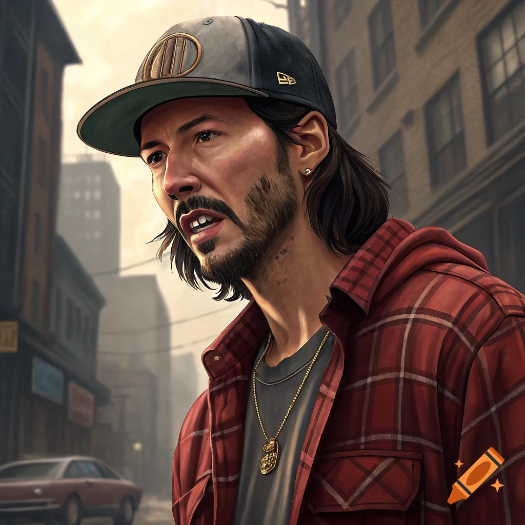 Stylized portrait of a man resembling Keanu Reeves wearing a SnapBack hat, red plaid shirt, and necklace in a city street.