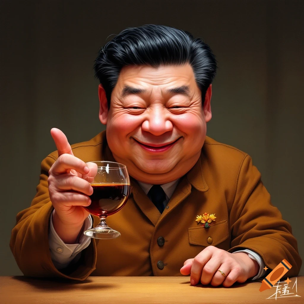 A caricature of a man smiling and holding a glass of red wine.