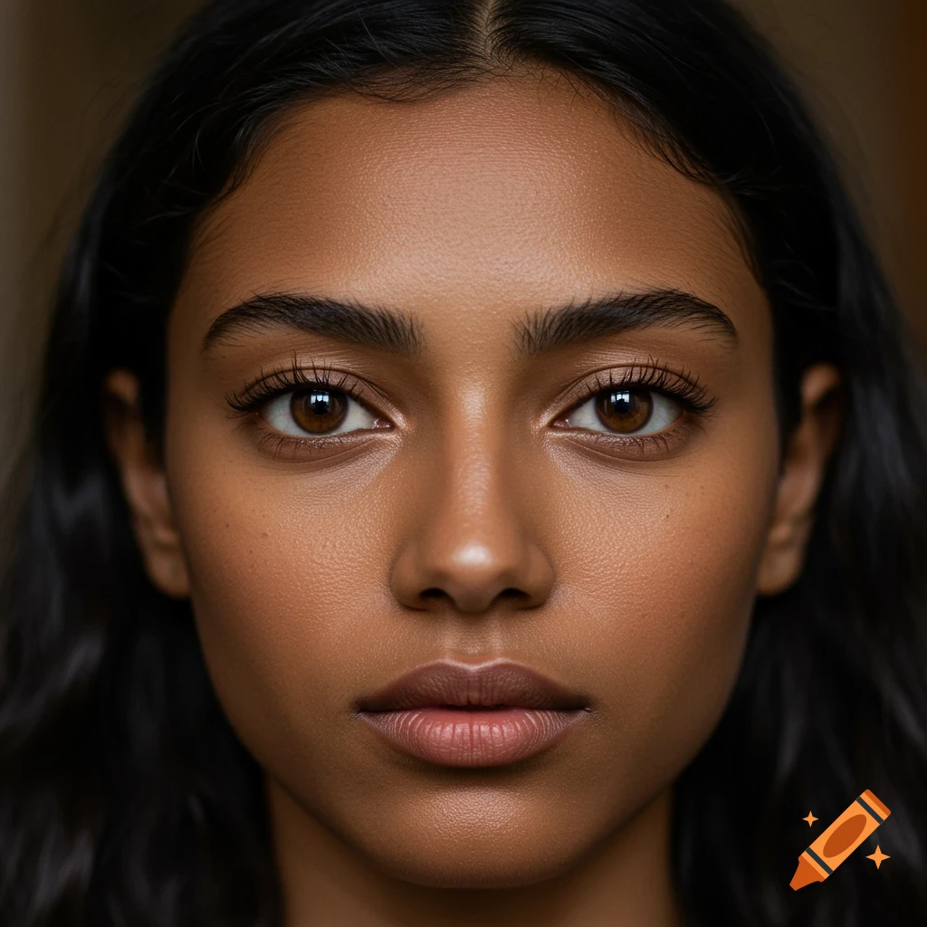 A close-up photorealistic portrait of a woman's face.