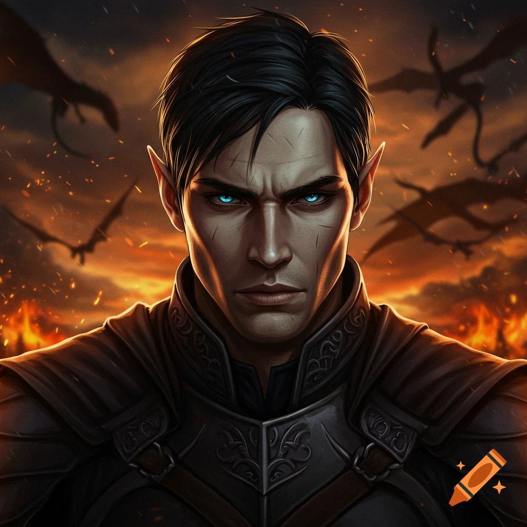 A male fantasy character with pointy ears, blue eyes, and scars, wearing armor, against a fiery sky with dragons.