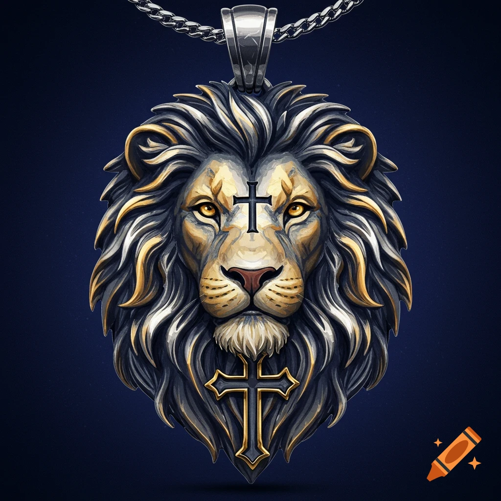 A lion head pendant with crosses on its forehead and below its chin.