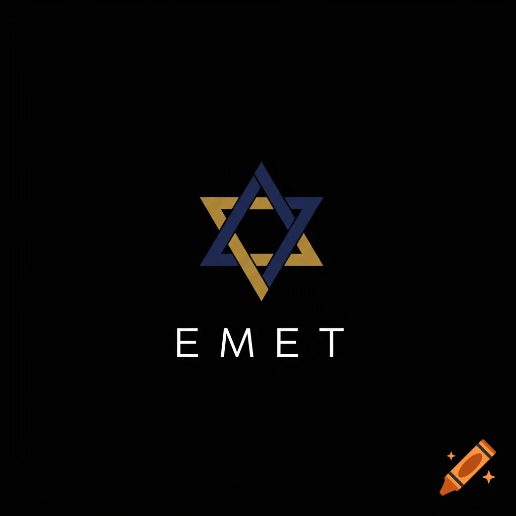 A blue and gold Star of David symbol above white text 'EMET' on a black background.