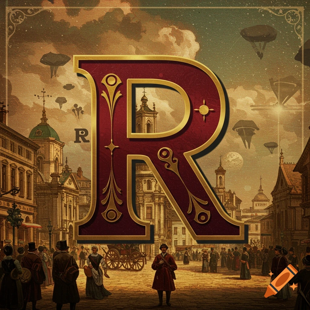 Large capital letter R over a steampunk street scene with people and airships, digital illustration.