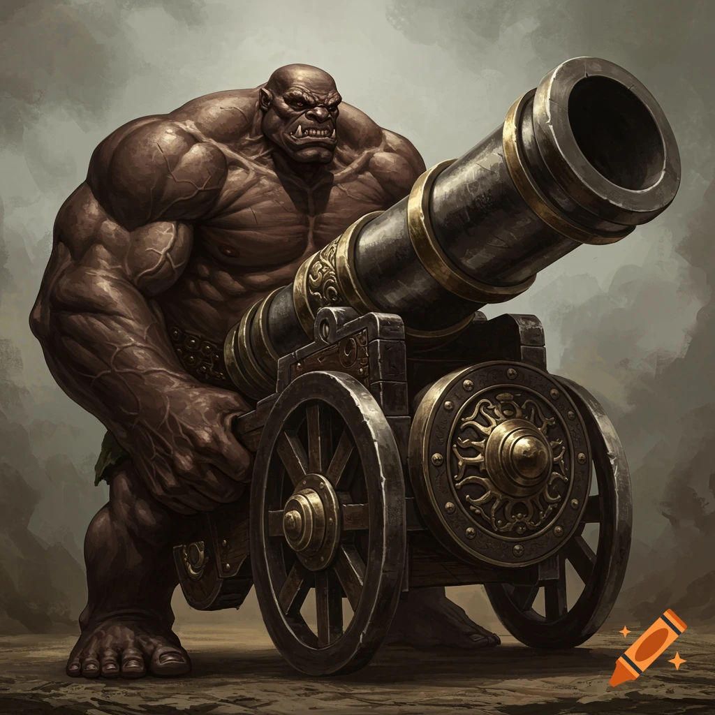 A large, muscular goliath holding a cannon