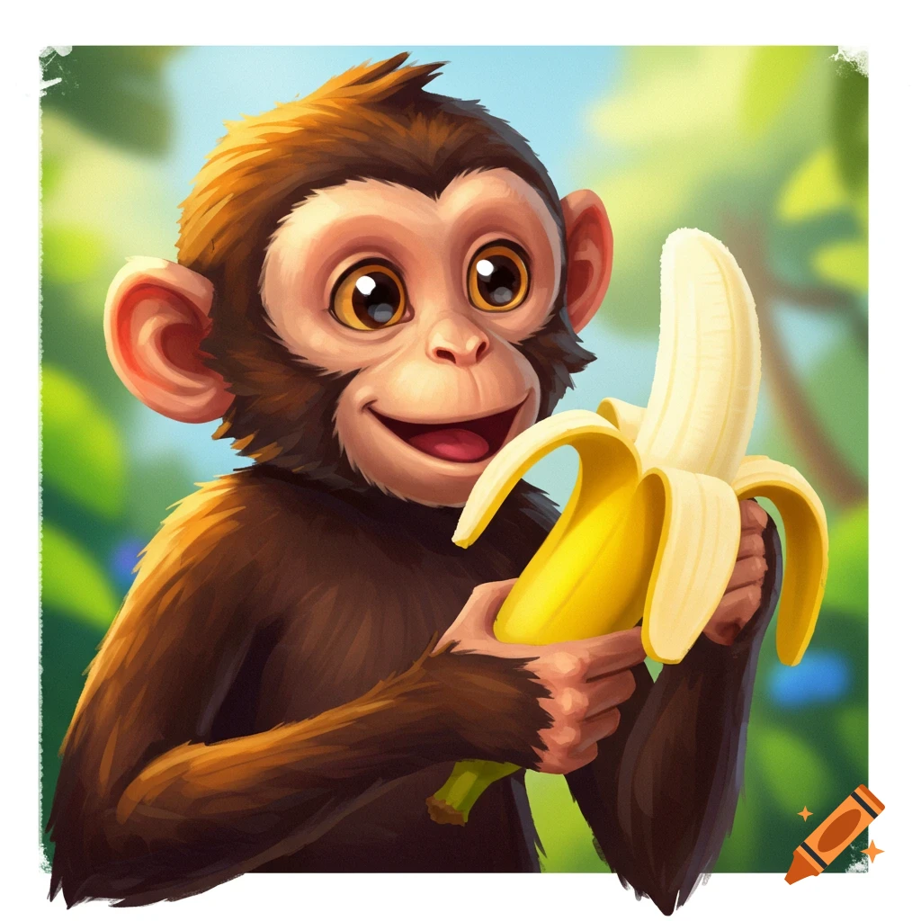 A cartoon monkey holds a peeled banana.