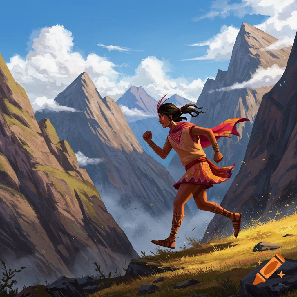 A person in traditional clothing running up a mountain slope.
