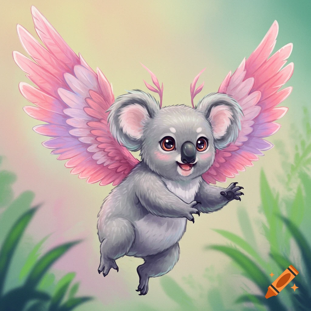 Cute fantasy koala with pink and purple wings flying