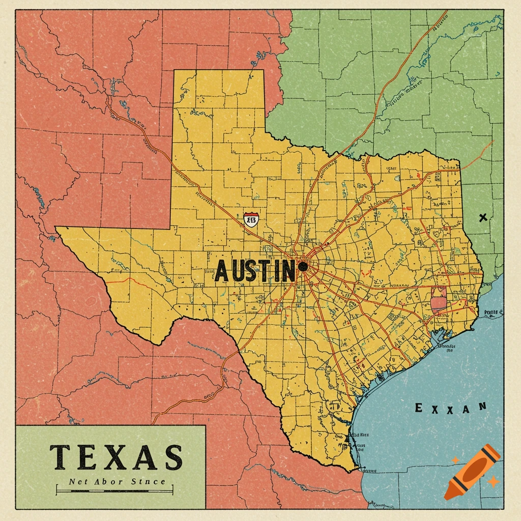 A vintage-style map of Texas with Austin highlighted.