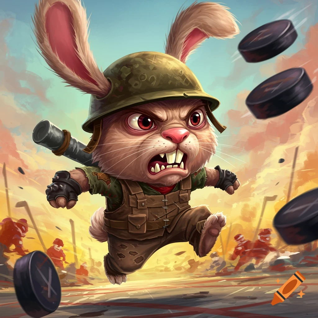 A fuming anthropomorphic rabbit in military gear leaps through a chaotic hockey battlefield, dodging pucks.