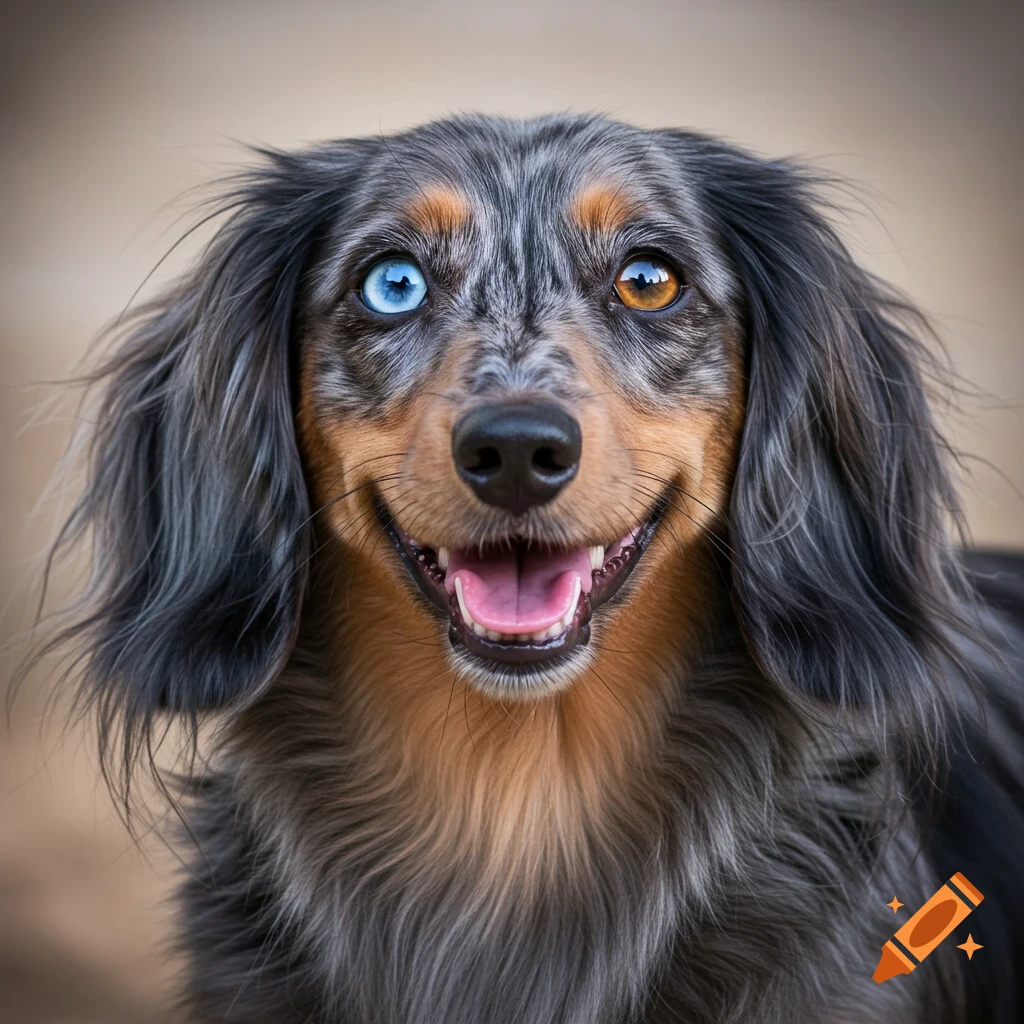 Close-up portrait of a smiling blue merle dachshund with heterochromia.
