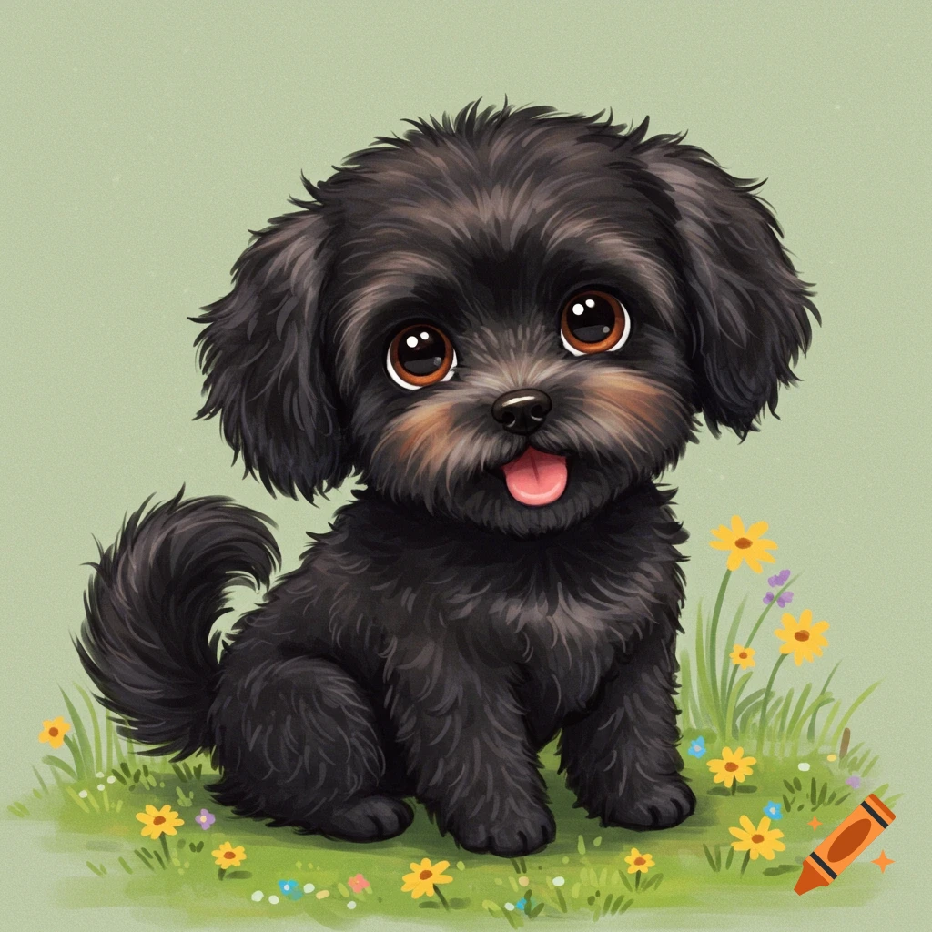 A cute black puppy with big eyes sits in green grass with small flowers.