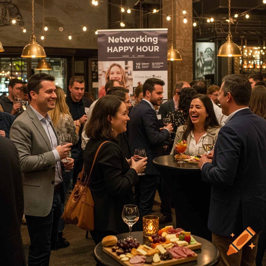 Photorealistic image of diverse professionals networking at a happy hour event with drinks, food, and a banner.