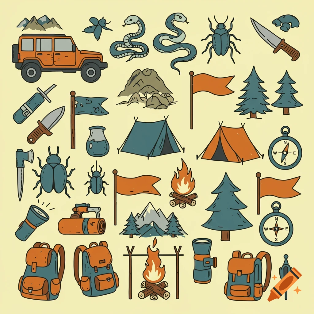 Illustration of camping icons including a jeep, tents, compasses, trees, and backpacks