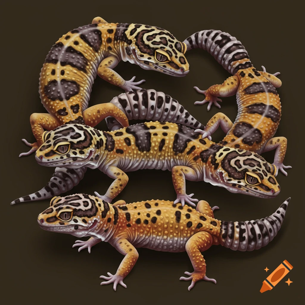 Realistic leopard geckos arranged in a pattern.