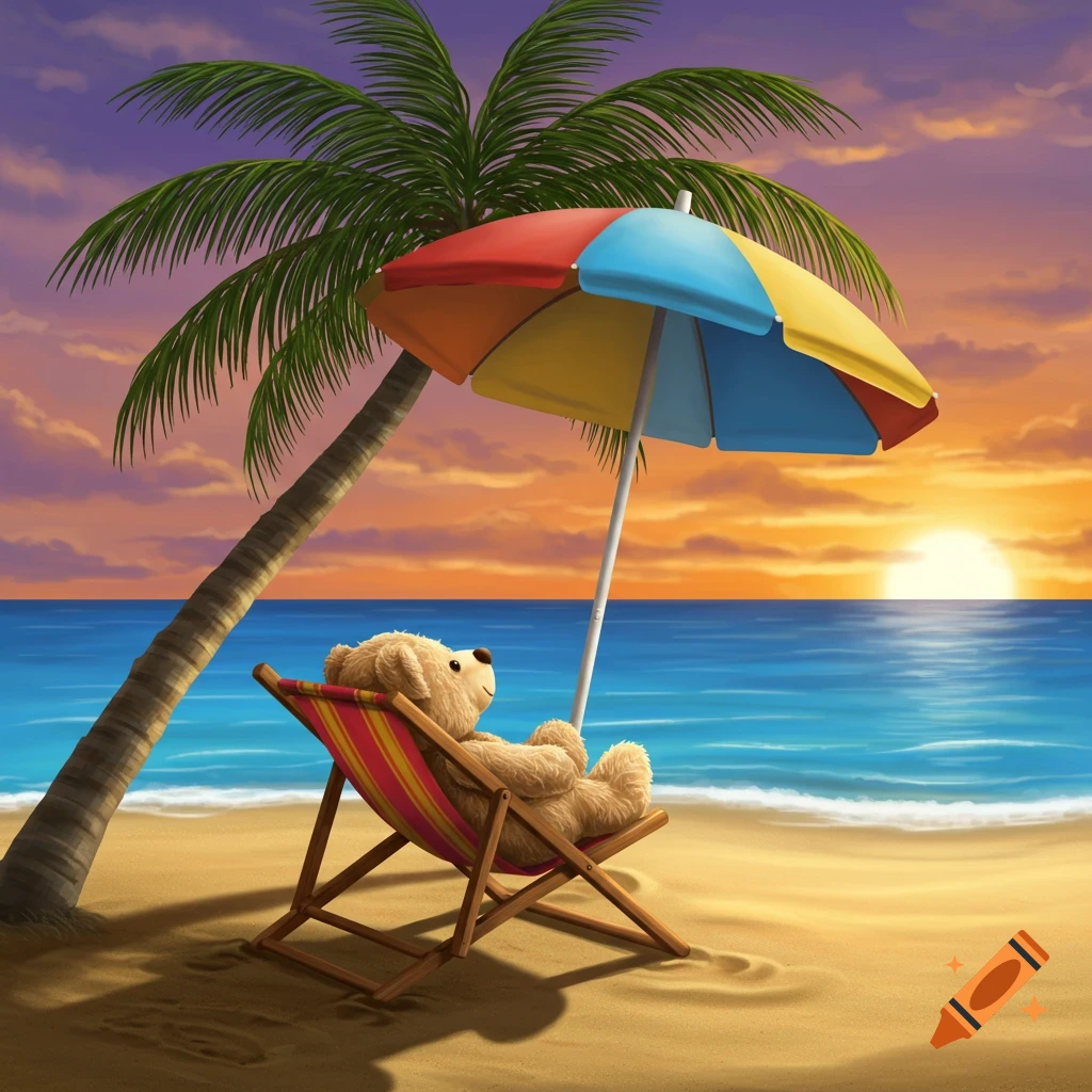 A teddy bear sitting in a beach chair under an umbrella, watching the sunset over the ocean with a palm tree beside it.
