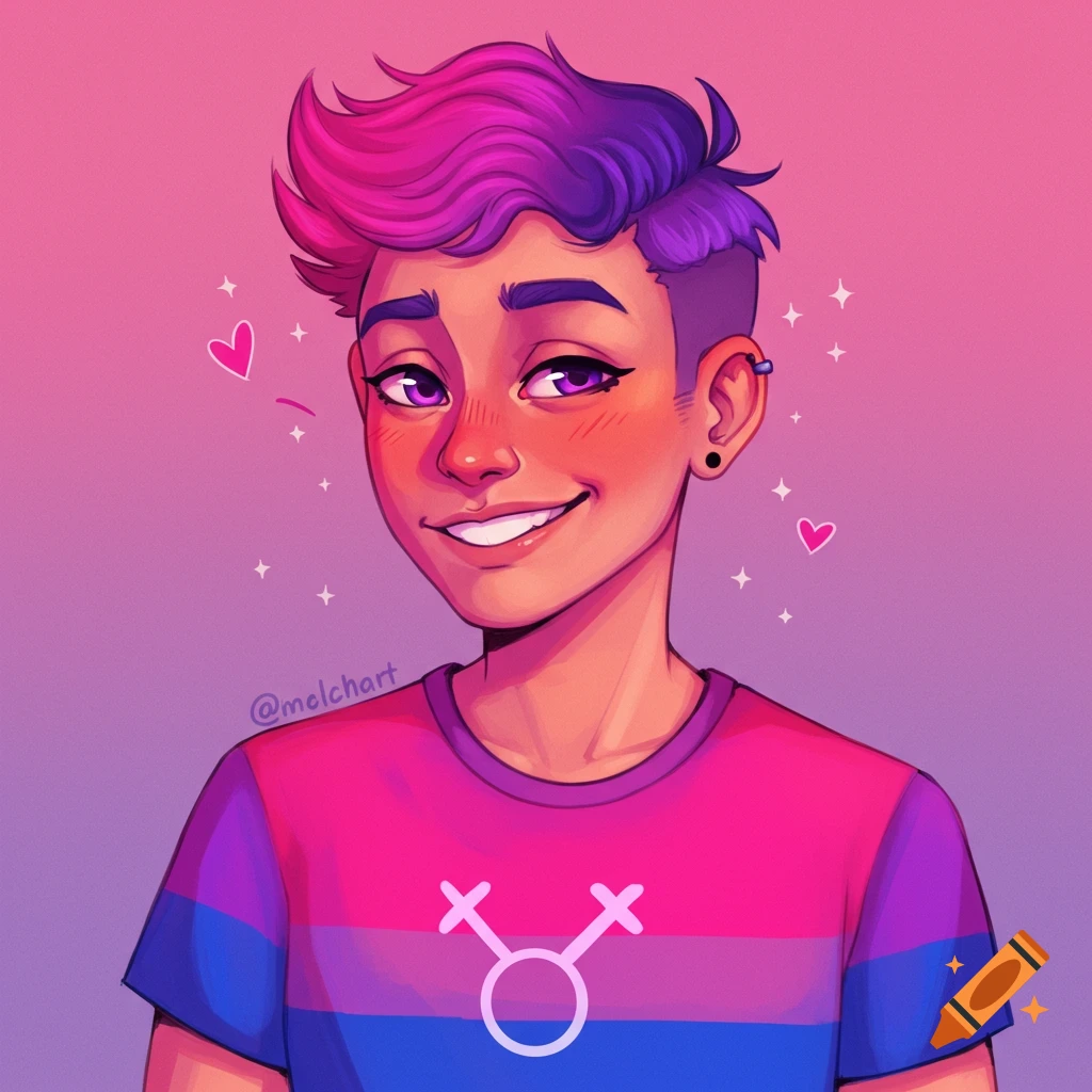 A smiling person with purple hair wearing a pink, purple, and blue striped shirt.