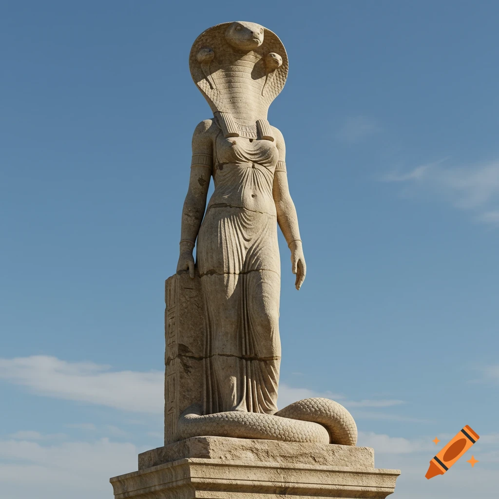 A stone statue of a standing figure with a cobra head, against a blue sky.