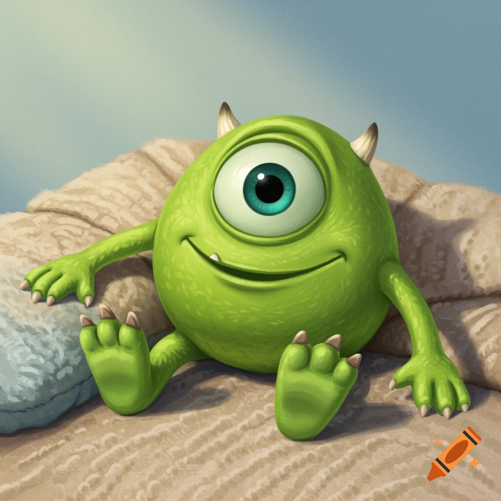 Mike Wazowski from Monsters, Inc., sitting on a blanket