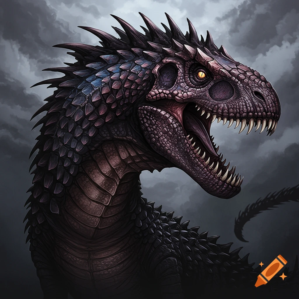 A dark dinosaur head with glowing eyes and sharp teeth against a stormy sky.