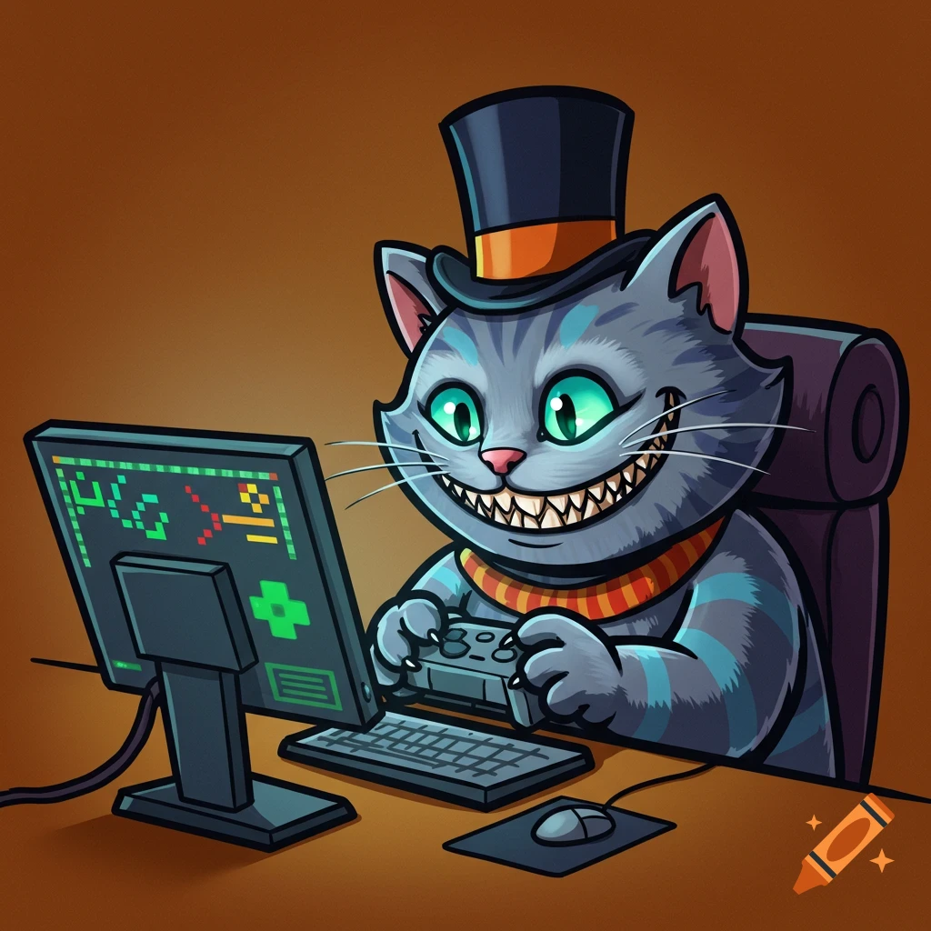 Cartoon Cheshire cat in a top hat playing a computer game.