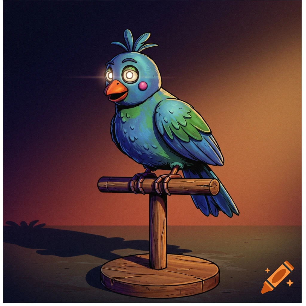 An animatronic bird with glowing eyes sits on a wooden perch.