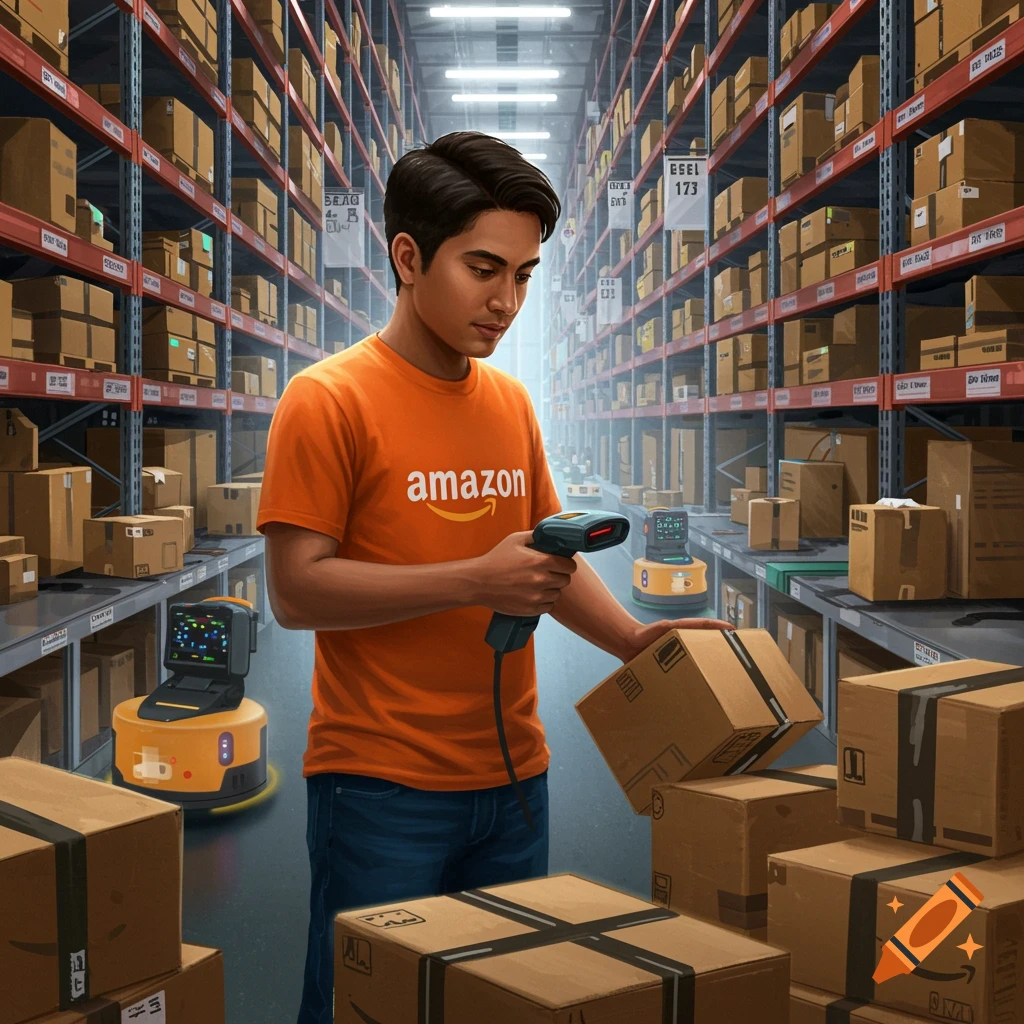 A worker is scanning a package in a bright warehouse. Shelves filled with boxes and robots are visible in the background.