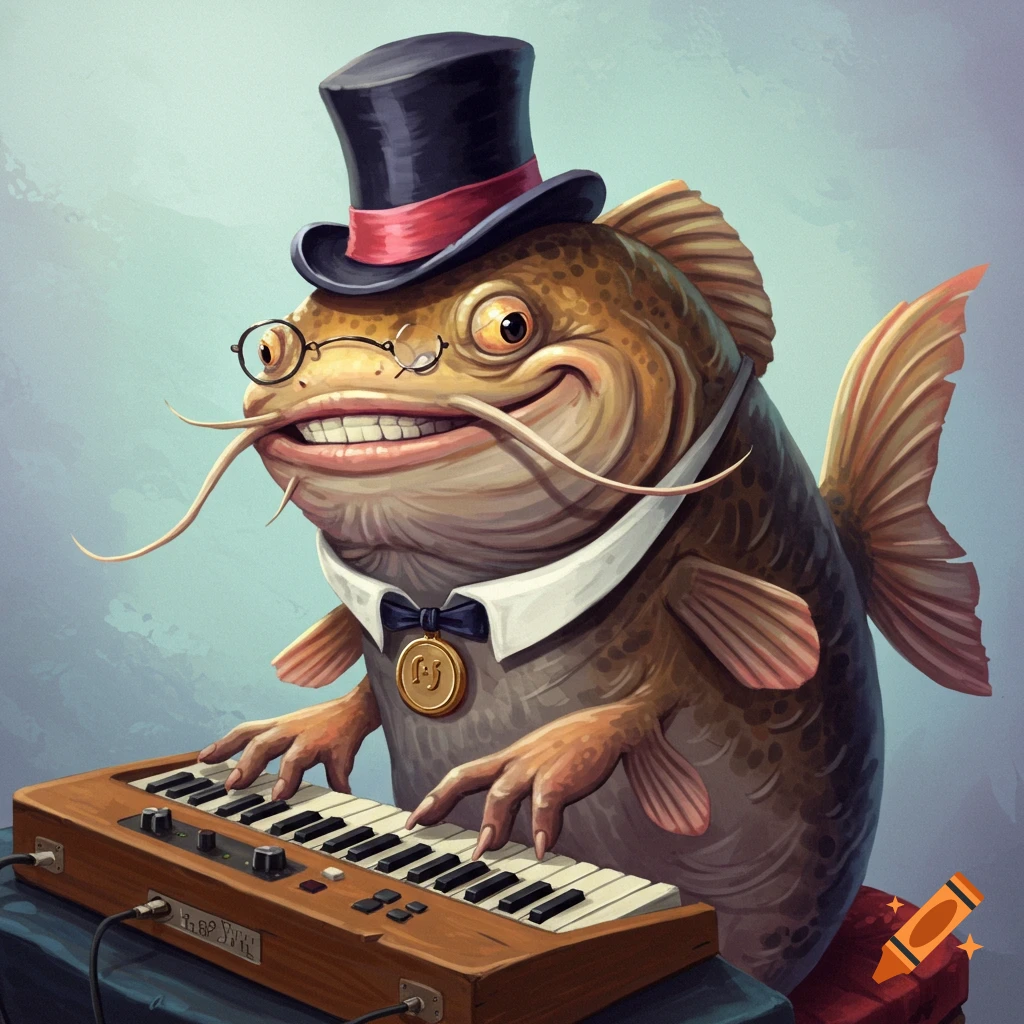 An anthropomorphic catfish wearing a top hat and suit, playing a keyboard.