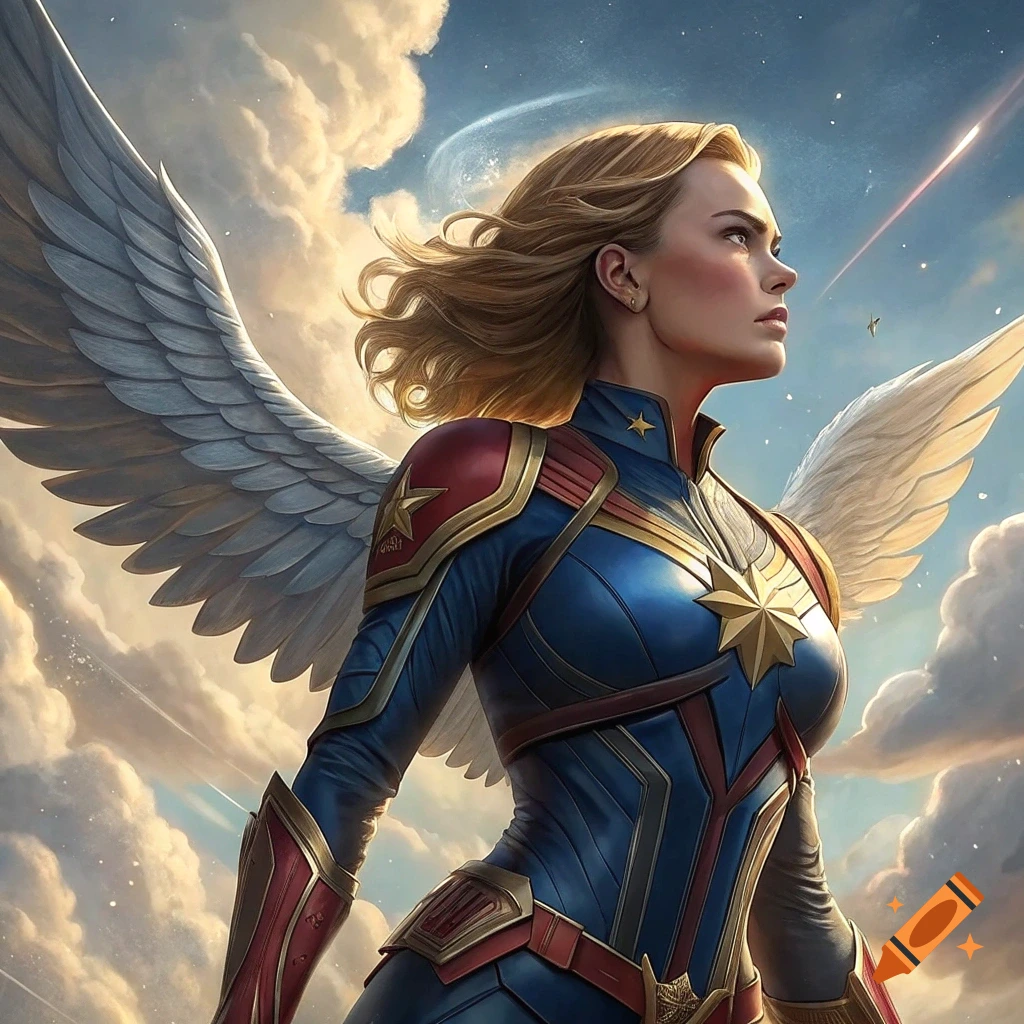 A blonde superhero with large white wings, in a blue and red suit, flying through clouds.