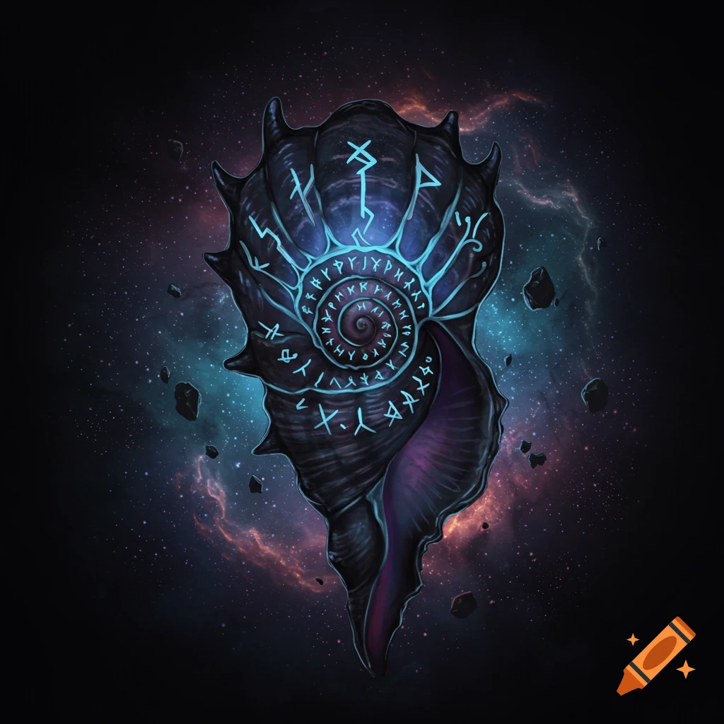 A dark shell with glowing runes, floating in space with asteroids and a nebula.