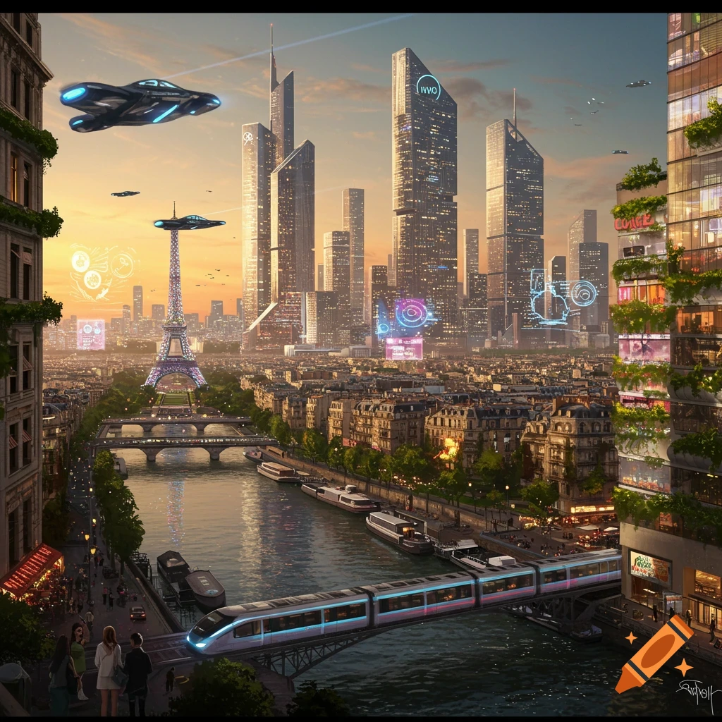 Futuristic Paris featuring the Eiffel Tower, towering skyscrapers, a winding river, a sleek train, and airborne vehicles