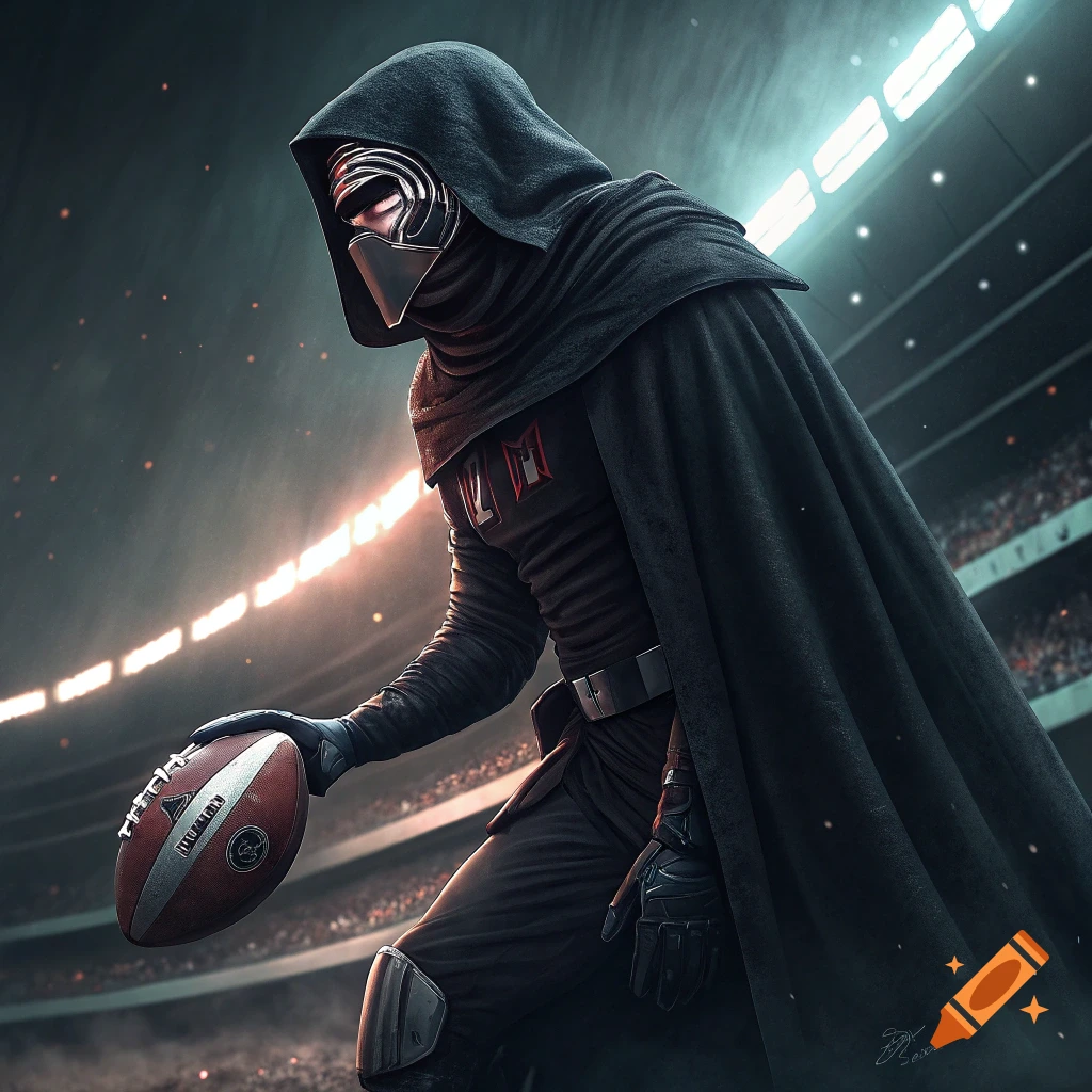 Kylo Ren in a dark costume holding a football in a stadium.