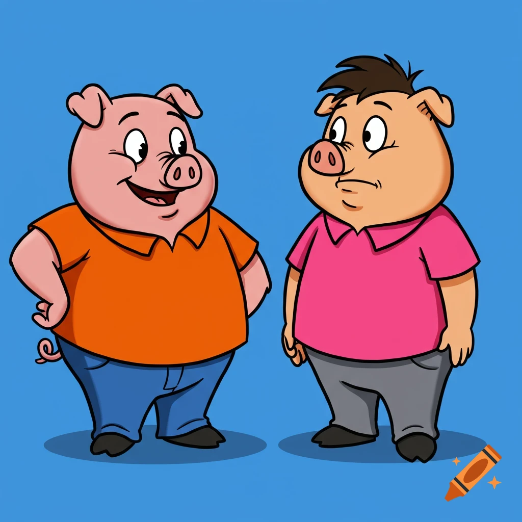 Two cartoon pigs standing side-by-side, one pink in an orange shirt and one tan in a pink shirt.