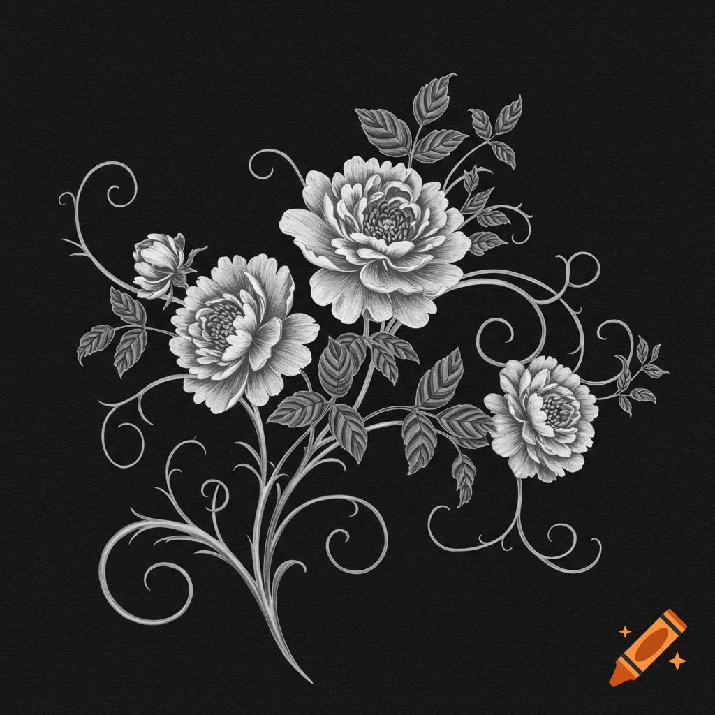 Black and white image of vintage flowers and swirling vines