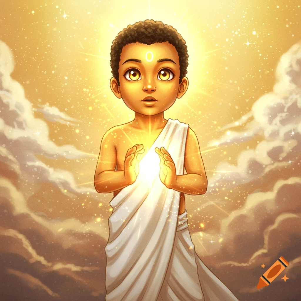 Stylized image of a child radiating golden light, wearing white robes, in a fantasy setting with clouds and stars.