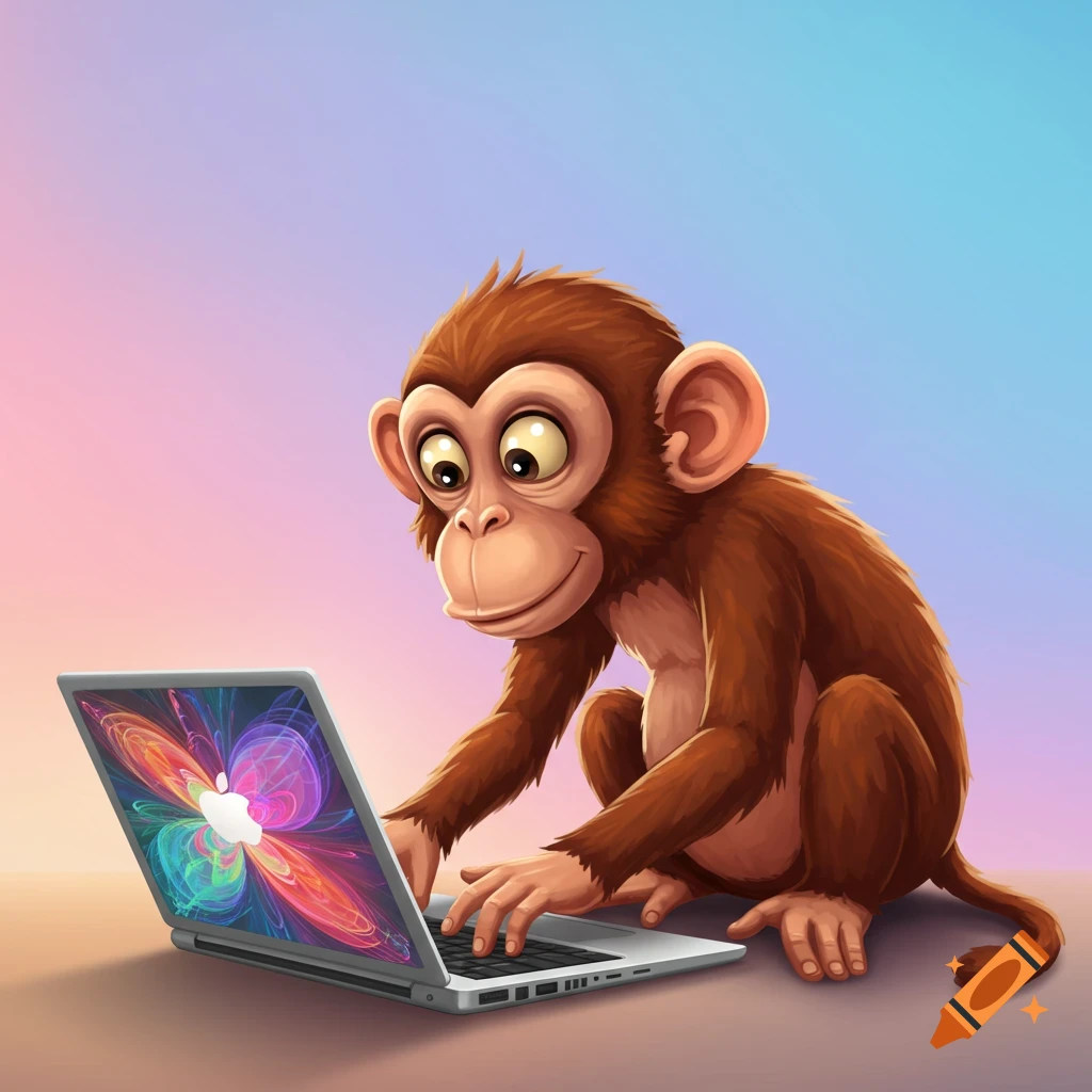 Cartoon monkey using a laptop with a colorful screen and Apple logo.