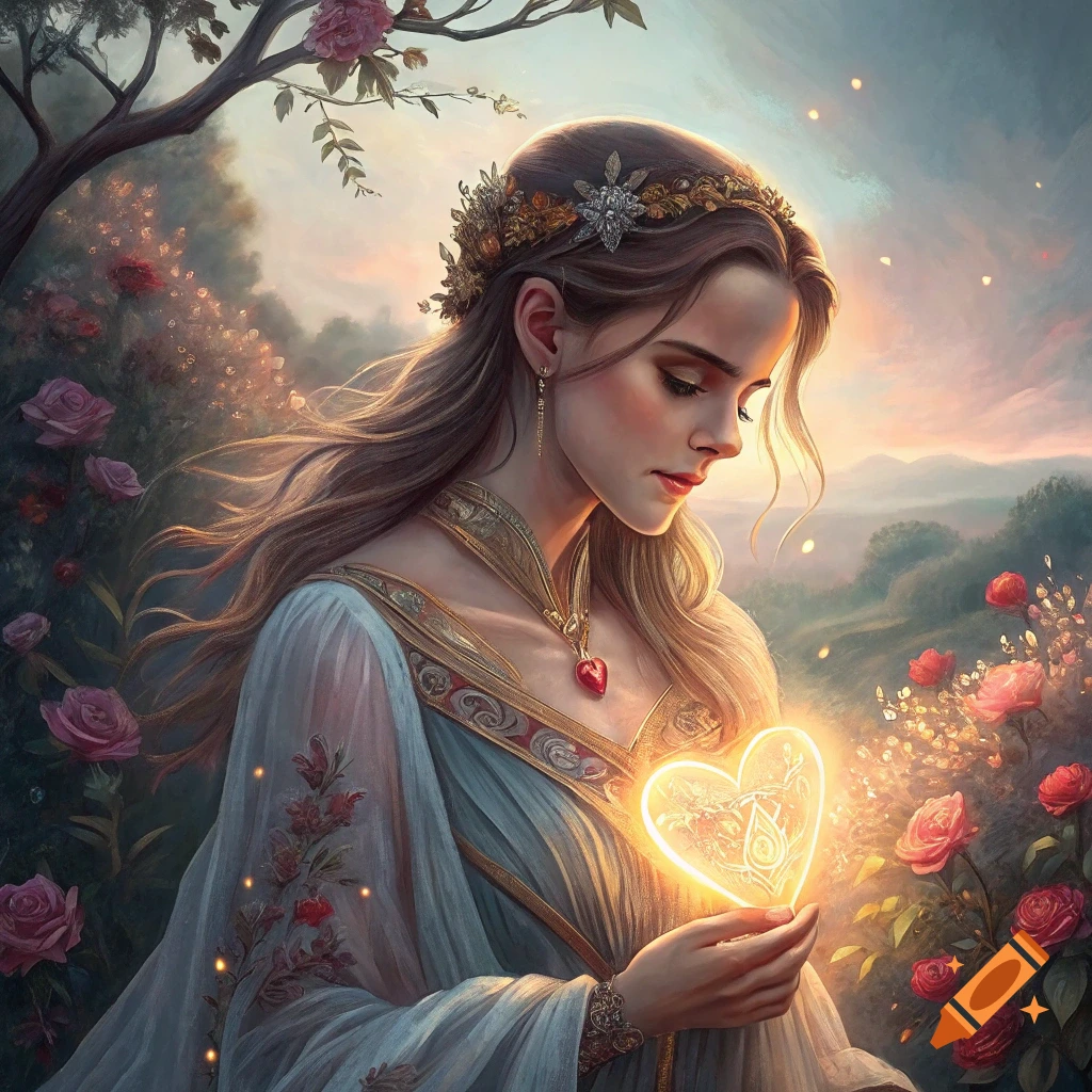 A woman in fantasy attire holds a glowing heart in a rose garden at sunset.