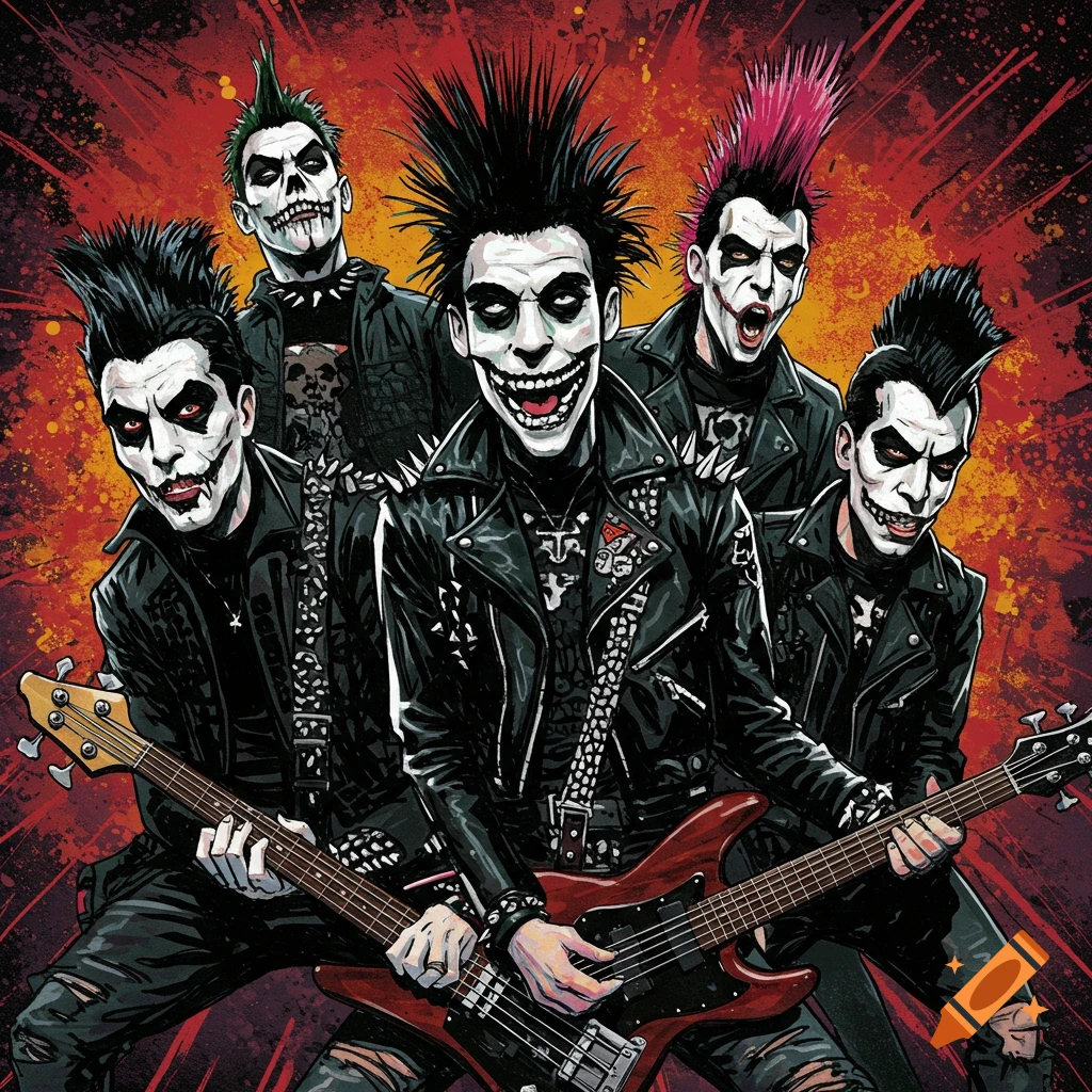 A punk band wearing corpse paint and playing guitars.