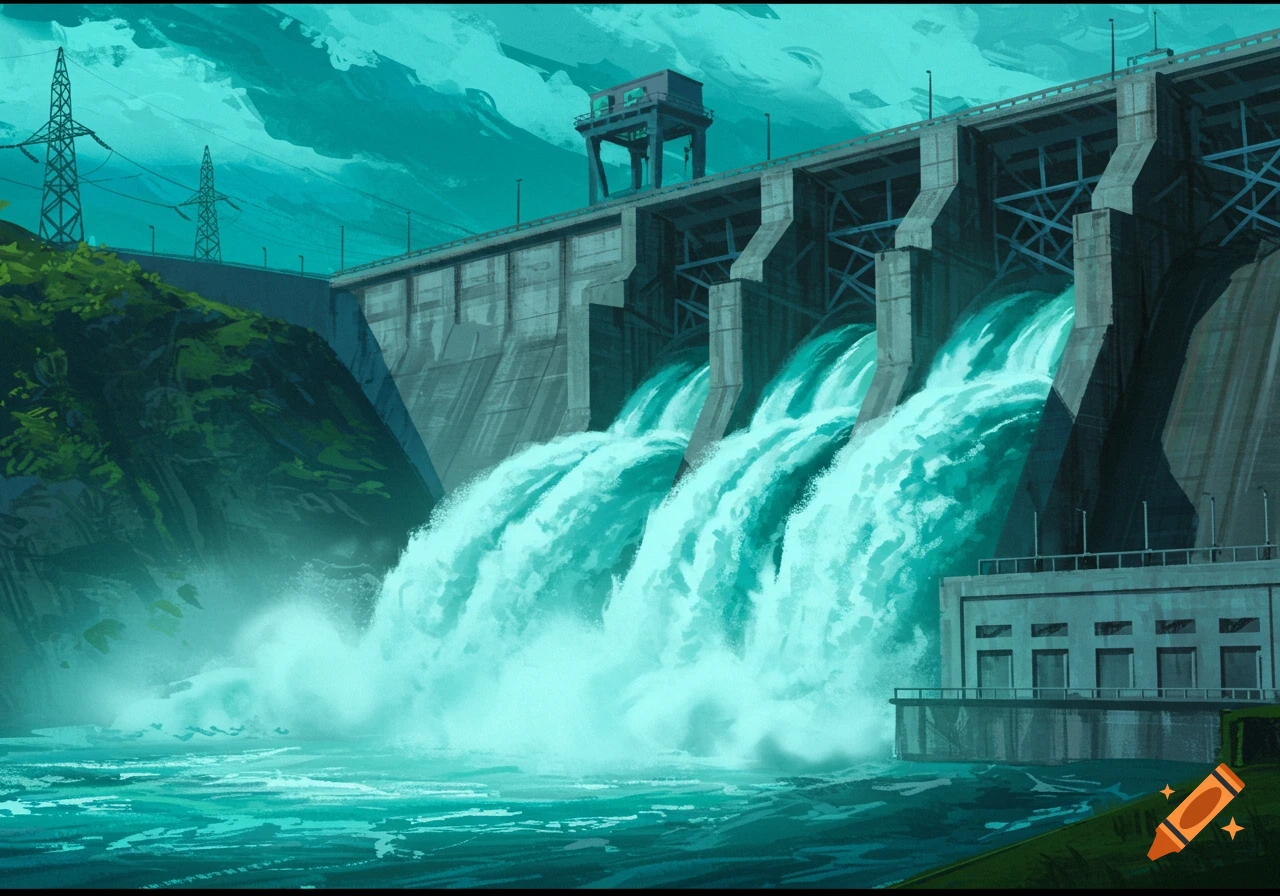 A large concrete dam with water gushing over multiple spillways into a river. Power lines are visible on the left.