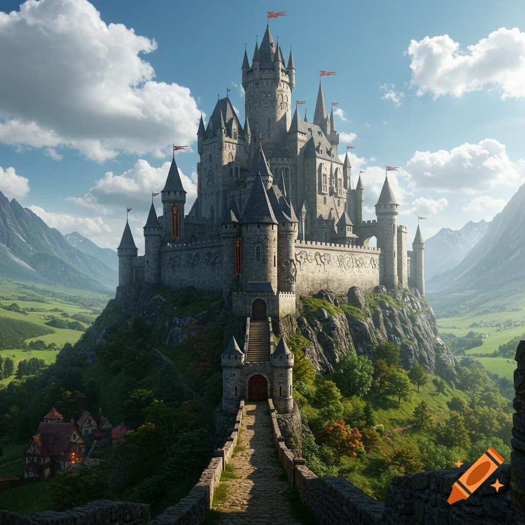 A large fantasy castle on a hilltop, surrounded by mountains and green valleys, under a cloudy sky.