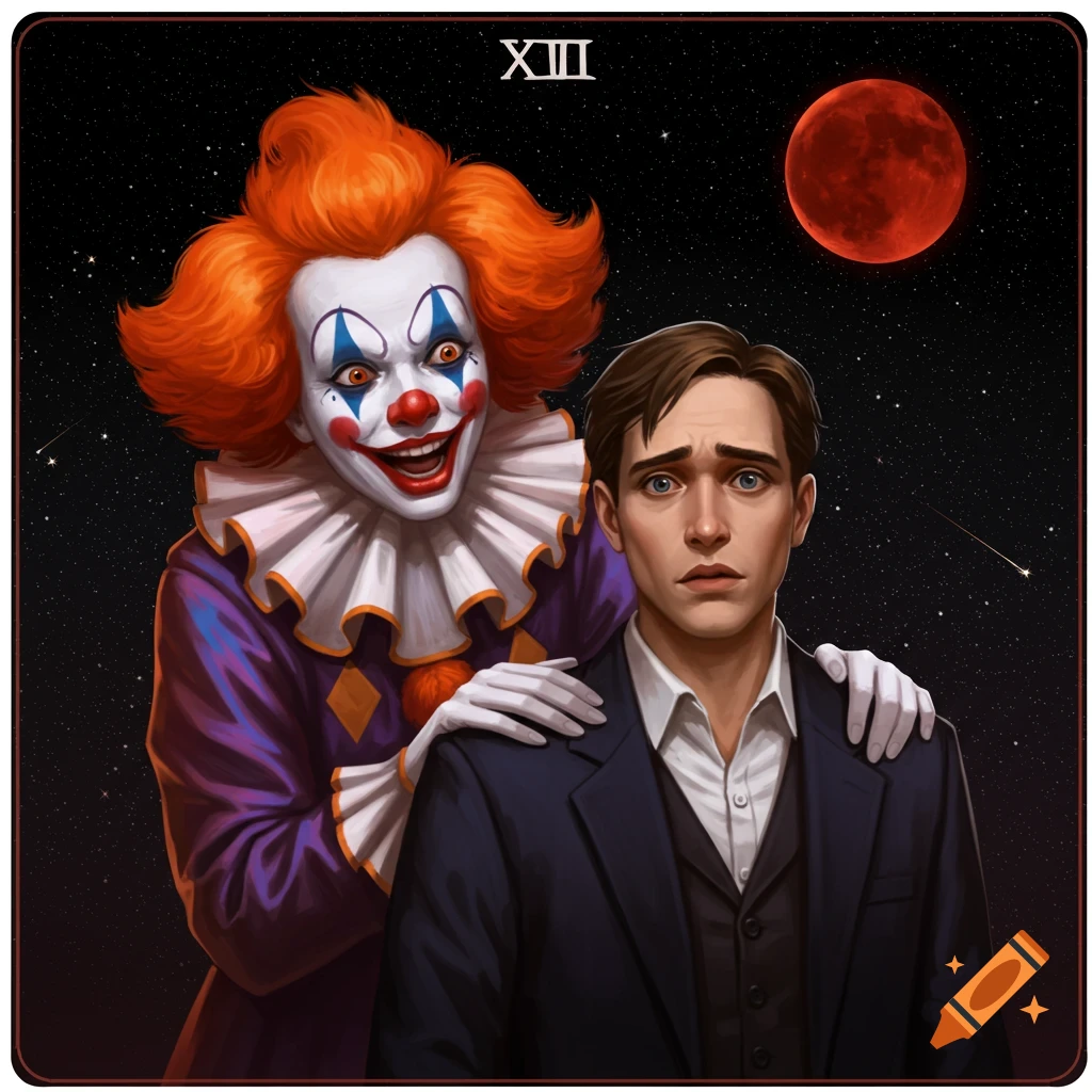 A creepy clown with a ruffled collar places a hand on the shoulder of a scared man under a red moon and stars, with the roman numerals XIII at the top.