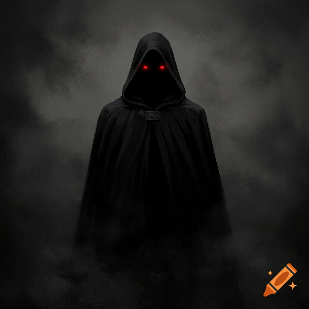 A black cloaked figure with glowing red eyes is emerging from mist.