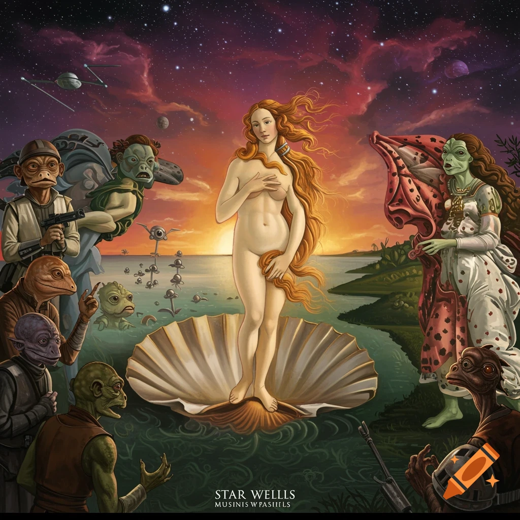 Venus emerging from a seashell surrounded by Star Wars aliens, in the style of Botticelli.