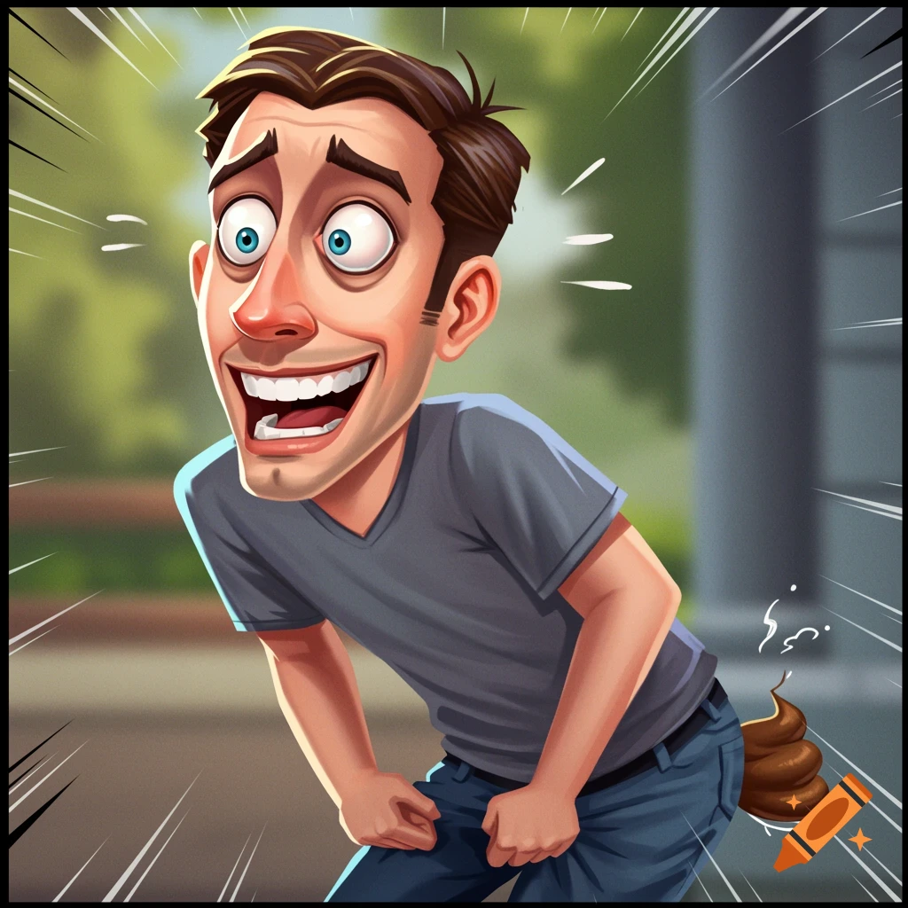 Cartoon of a surprised man having a poop accident.